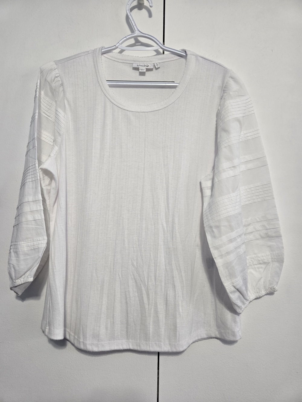 Chico's White Rib Knit Top Size 2 (Large) Pintuck Balloon Sleeve Stretch